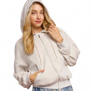 Umgee Women Cream Zip-Up Fleece Hooded Jacket